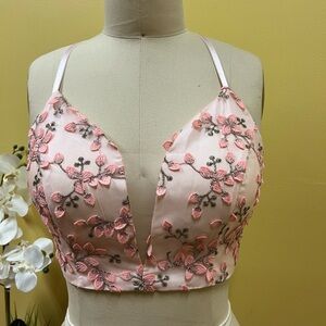 Pink Floral Embroidered Crop Top